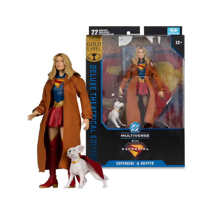 DC Multiverse Deluxe Édition Théâtrale Gold Label Exclusivité Walmart Figurine d'Action Supergirl et Bébé Krypto Échelle 7 Pouces du Film Supergirl